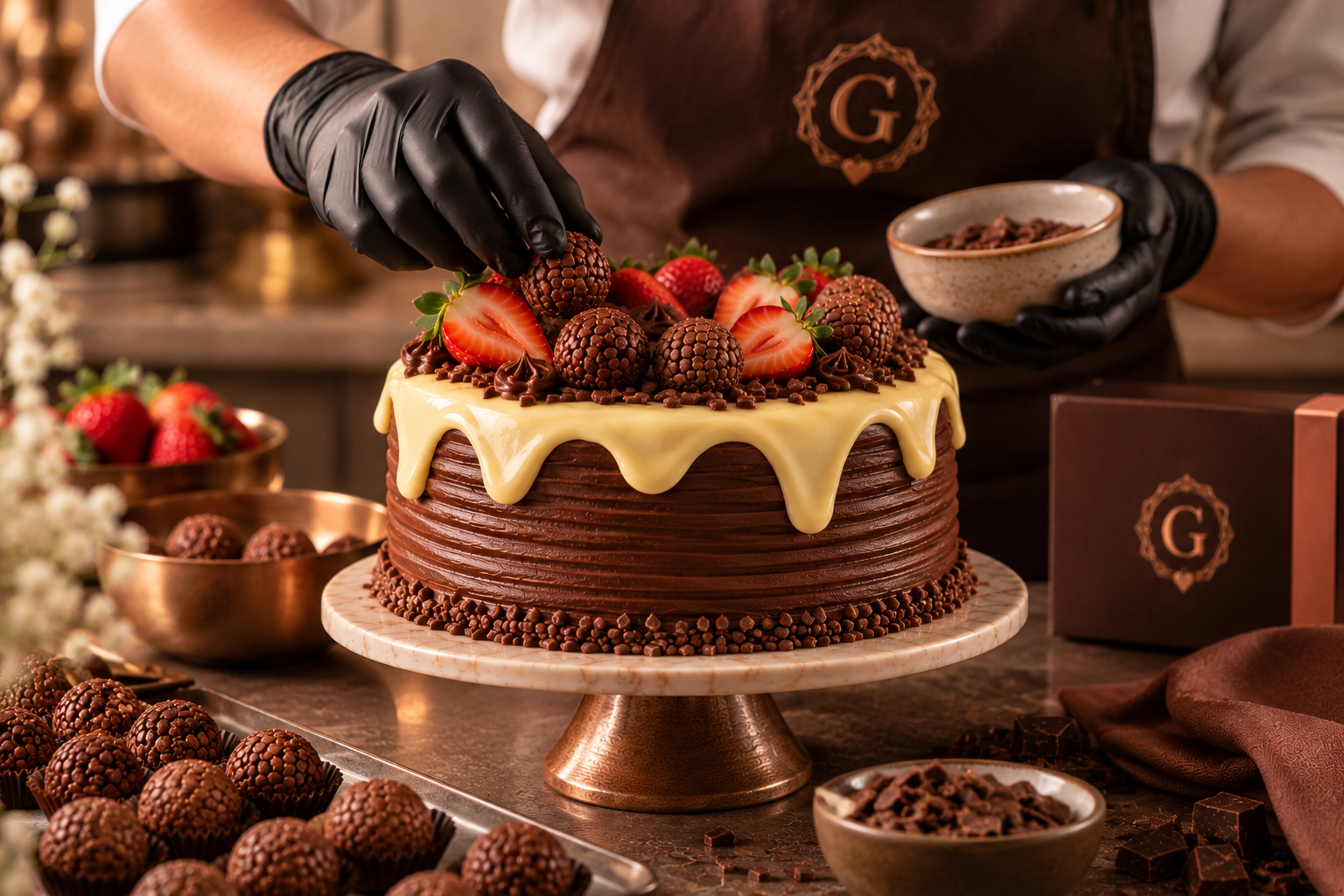 Finalização artesanal de bolo de chocolate com brigadeiros